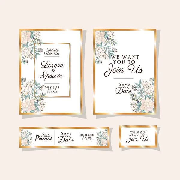 Inviti di nozze set con cornici in oro ornamento e fiori bianchi con disegno vettoriale foglie — Vettoriale Stock