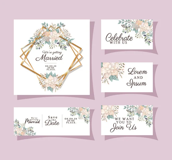 Conjunto de invitaciones de boda con marcos de adorno de oro y flores blancas con diseño de vectores de hojas — Vector de stock