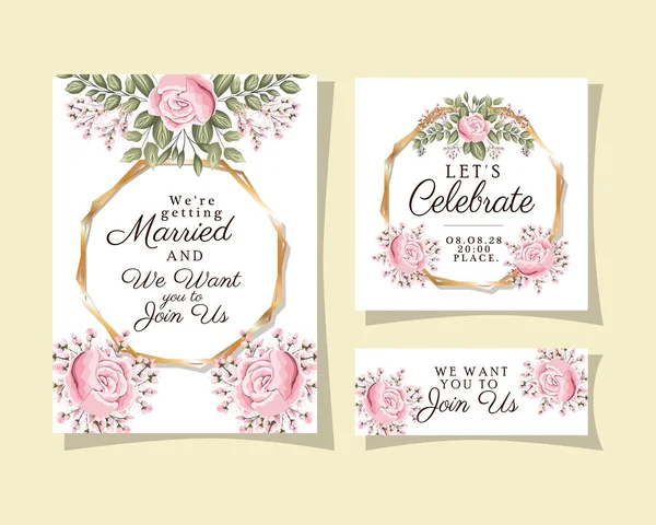Bruiloft uitnodigingen set met gouden ornament frames en rozen bloemen met bladeren vector ontwerp — Stockvector