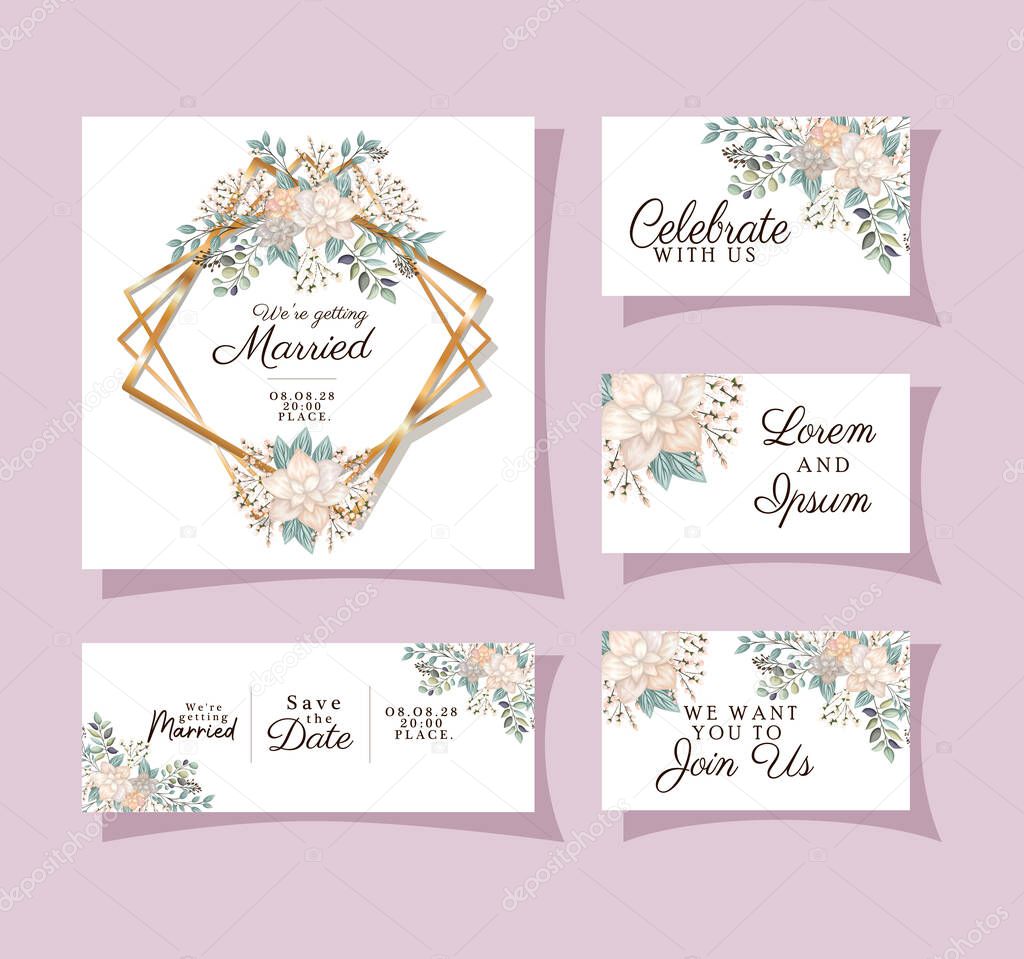 Wedding invitations set with gold ornament frames and white flowers with leaves vector design