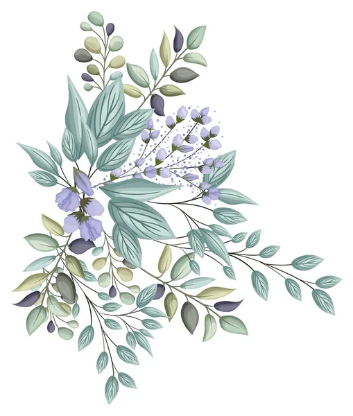 Blauwe knoppen bloemen met bladeren boeket schilderen vector ontwerp — Stockvector