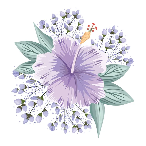 purple hawaiian flower with buds and leaves painting vector design