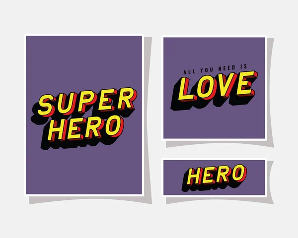 3d super hero and love lettering on purple backgrounds vector design — Stock Vector
