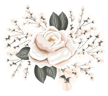 Tomurcuklu beyaz gül ve boyama vektör tasarımlı yapraklar