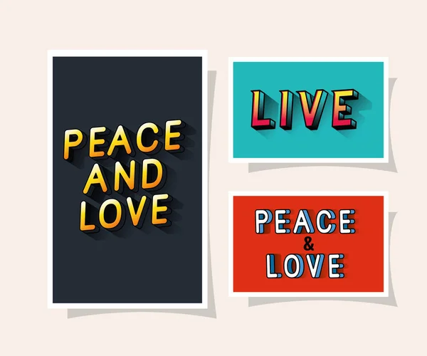 3d paix et amour et lettrage en direct sur fond gris bleu et rouge design vectoriel — Image vectorielle