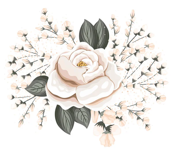 Tomurcuklu beyaz gül ve boyama vektör tasarımlı yapraklar