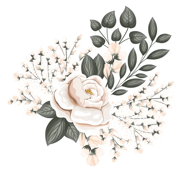 Белый цветок розы с бутонами и листьями живописи векторный дизайн — стоковый вектор
