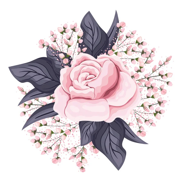 Rosa rosa rosa flor com botões e folhas desenho vetorial pintura —  Vetores de Stock