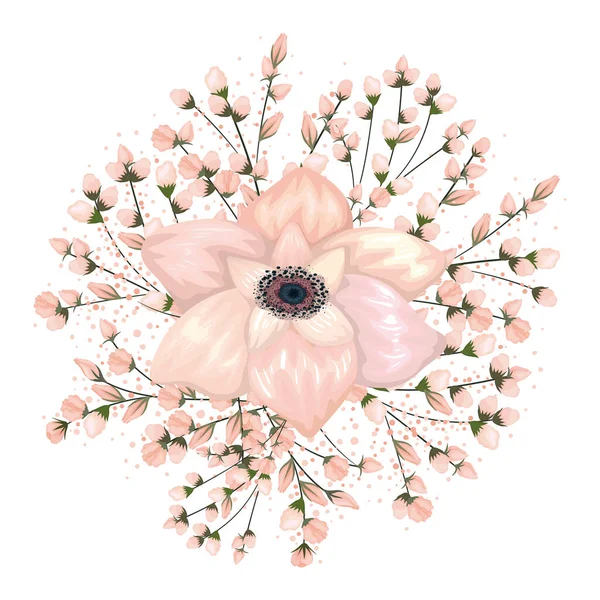 白い花の絵ベクトルのデザインの周りの芽 — ストックベクタ