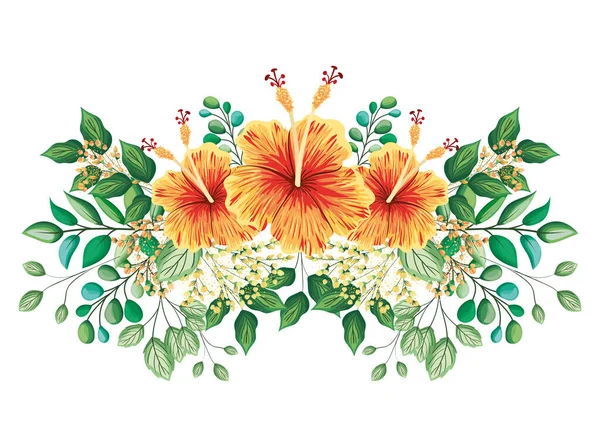 Flores hawaianas de color naranja con brotes y hojas de diseño vectorial pintura — Vector de stock