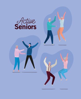 Mor arka plan vektör tasarımında etkin yaşlı kadın ve erkek karikatürleri