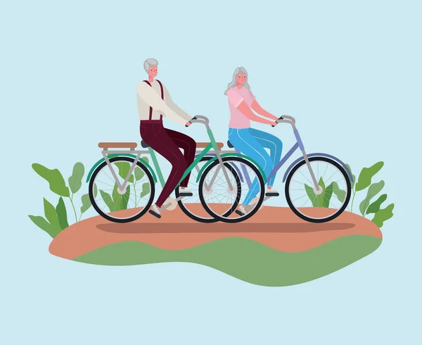 Mujer mayor y hombre dibujos animados a caballo bicicletas vector de diseño — Archivo Imágenes Vectoriales