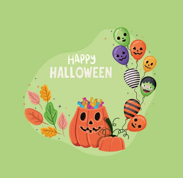 Halloween citrouille dessin animé avec des feuilles de bonbons et des ballons conception vectorielle — Image vectorielle