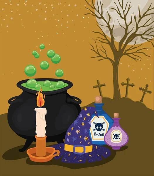 ハロウィンキャンドル毒魔女ボウルと墓地のベクトルデザインの前の帽子 — ストックベクタ