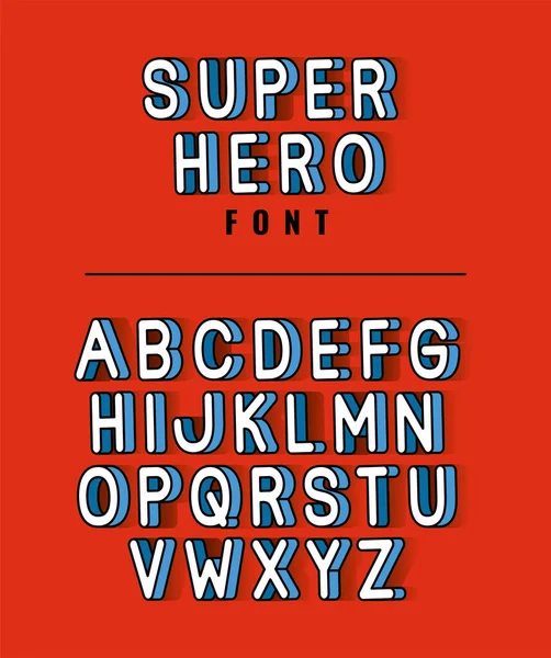 Super hero font lettering with alphabet on red background vector design — Stock Vector