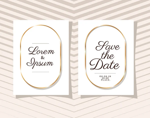 Twee bruiloft uitnodigingen met gouden ornament frames op gestreepte achtergrond vector ontwerp — Stockvector