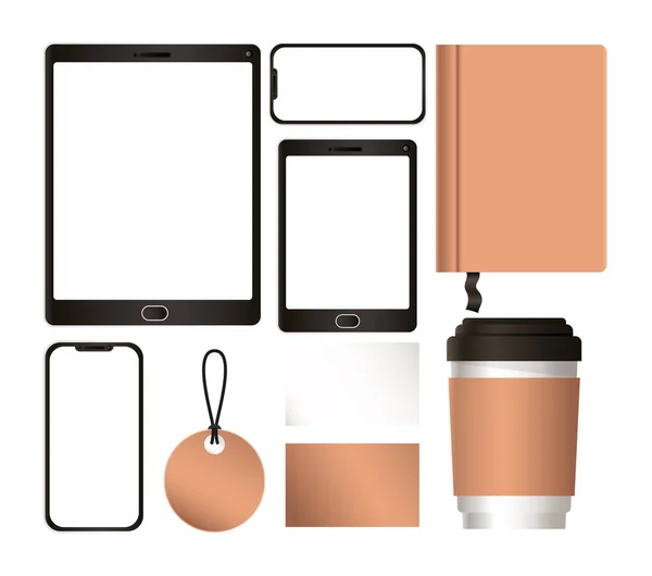 Tablette maquette avec smartphone et identité d'entreprise set vectoriel design — Image vectorielle