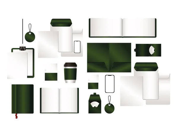 Mockup set met groen branding vector ontwerp — Stockvector