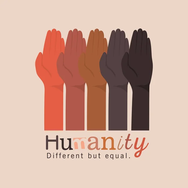 Humanité différente mais égale et diversité ouverte mains en l'air conception vectorielle — Image vectorielle