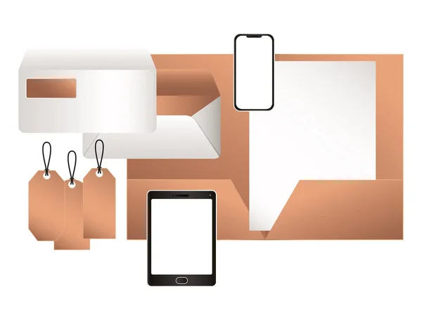 Tablette maquette avec fichier smartphone et enveloppes design vectoriel — Image vectorielle