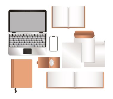 Mockup laptop akıllı telefon ve kurumsal kimlik belirleme vektör tasarımı
