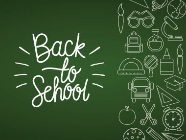 Yeşil tahta vektör tasarımı üzerinde okula dönüş simgesi seti