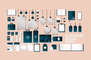 Çantalar ve kupalar koyu mavi marka vektör tasarımlı.