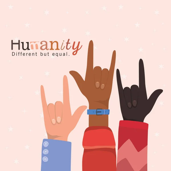 Humanité différente mais égale et diversité rock mains vers le haut conception vectorielle — Image vectorielle