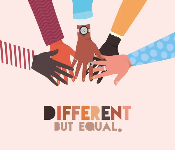 Different but equal and diversity skins hands touching each other vector design — Stock Vector