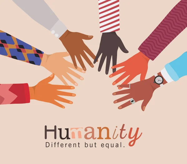 Menselijkheid verschillend maar gelijk en diversiteit handen raken elkaar vector ontwerp — Stockvector