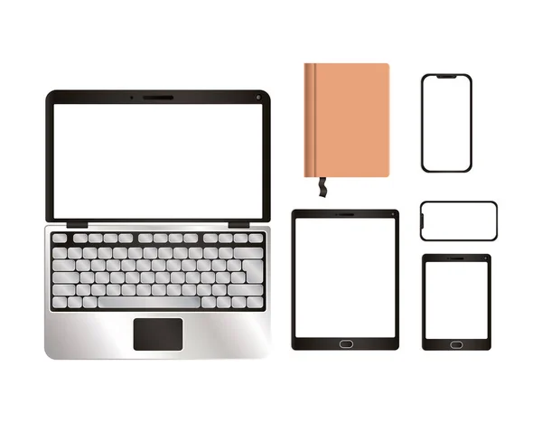 Mockup laptop tablet smartphone en notebook vector ontwerp — Stockvector