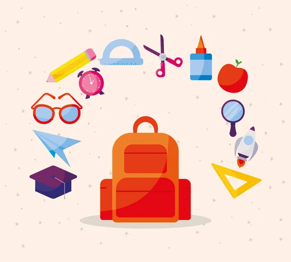 Bag with icon set of back to school vector design — Stock Vector