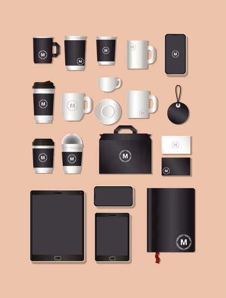 Mockup-Set mit schwarzem Branding-Vektor-Design — Stockvektor