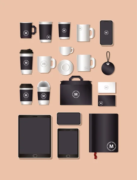 Mockup set med svart branding vektor design — Stock vektor