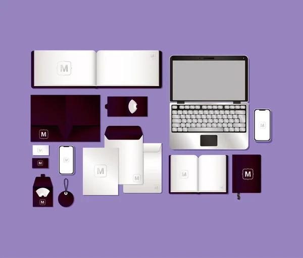 Mockup set met donker paars branding vector ontwerp — Stockvector