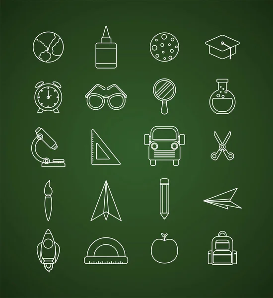 Chack icoon set van terug naar school op groen bord vector ontwerp — Stockvector