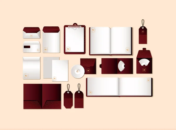 Mockup set con disegno vettoriale branding rosso scuro — Vettoriale Stock