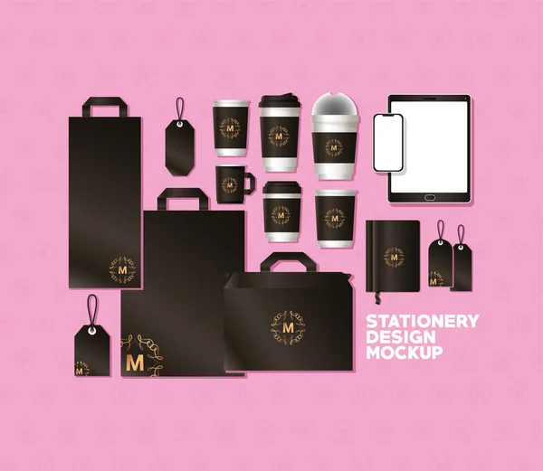 Bolsas y tazas juego de maquetas con diseño de vectores de marca marrón oscuro — Vector de stock