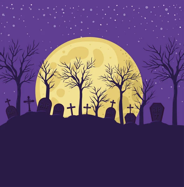 Halloween cruza tumbas y árboles frente al diseño de vectores de paisajes lunares — Vector de stock