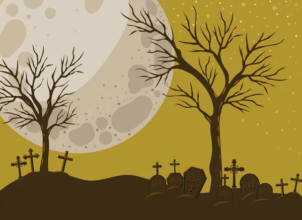 ハロウィンは月の風景ベクトルのデザインの前で墓や木を横断 — ストックベクタ