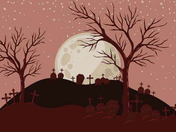 Halloween cruza tumbas y árboles frente al diseño de vectores de paisajes lunares — Vector de stock