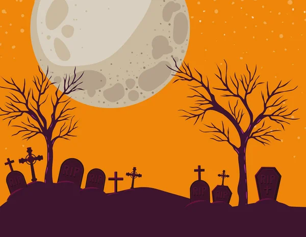 ハロウィンは月の風景ベクトルのデザインの前で墓や木を横断 — ストックベクタ