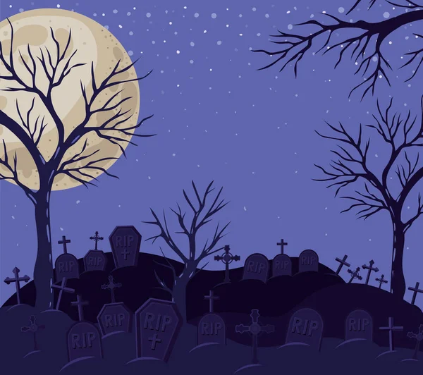 Halloween crosses graves and trees in front of moon landscape vector design — Stock Vector