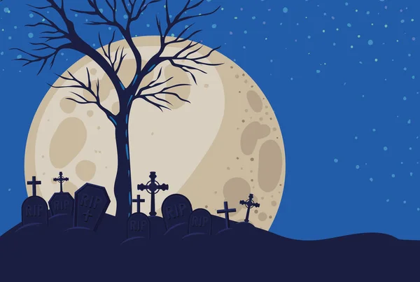 Halloween crosses graves and trees in front of moon landscape vector design — Stock Vector