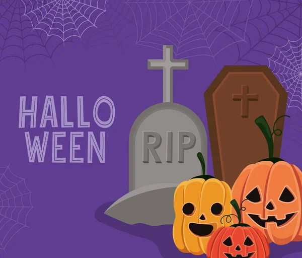 Halloween cartoni animati zucche con tombe disegno vettoriale — Vettoriale Stock