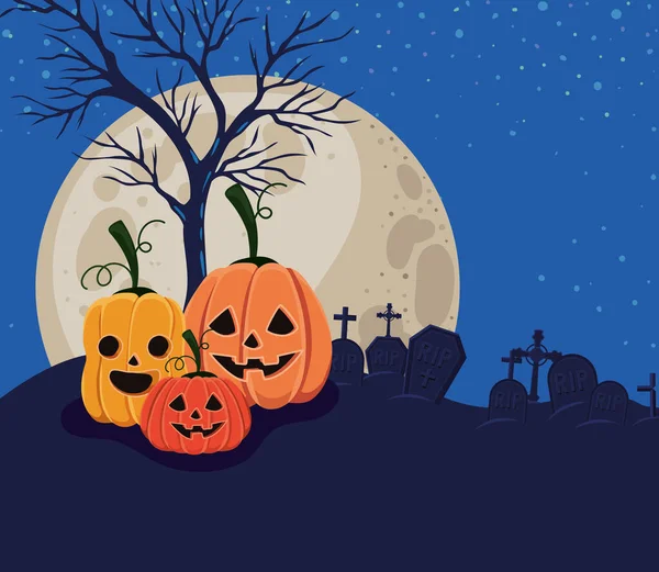 Halloween attraversa tombe zucche e alberi di fronte al disegno vettoriale paesaggio lunare — Vettoriale Stock