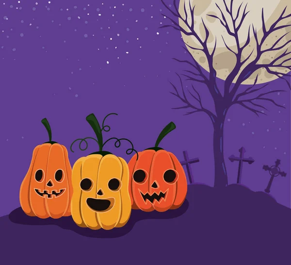 Halloween attraversa tombe zucche e alberi di fronte al disegno vettoriale paesaggio lunare — Vettoriale Stock