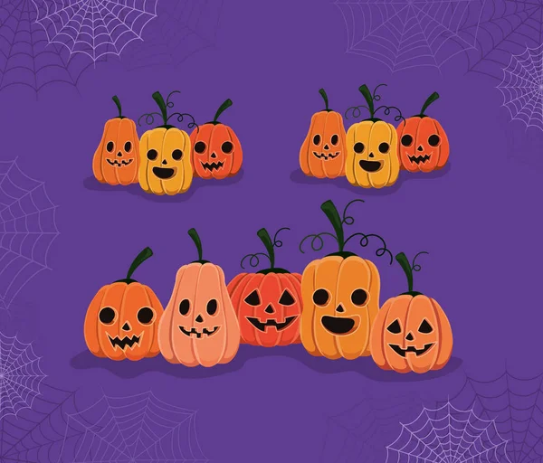 Dibujos animados de calabazas de Halloween con diseño de vectores de telarañas — Archivo Imágenes Vectoriales