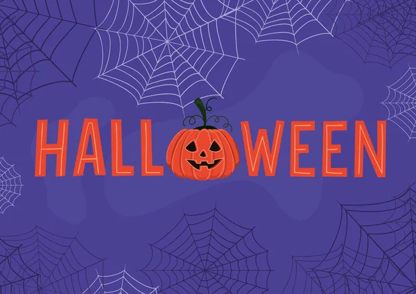 Halloween text with pumpkin cartoon and spiderwebs vector design — Stock Vector