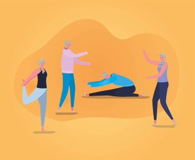 Spor kıyafetleri olan son sınıf kadın çizgi filmleri yoga yapıyor ve vektör tasarımı yapıyor.